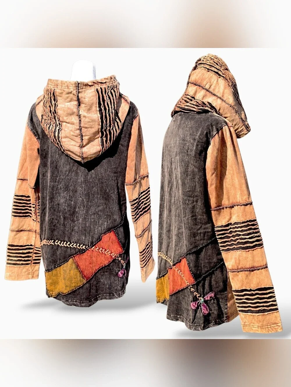 Rising International Vintage Patchwork Boho Floral Zip-Up Hooded Jacket XLarge